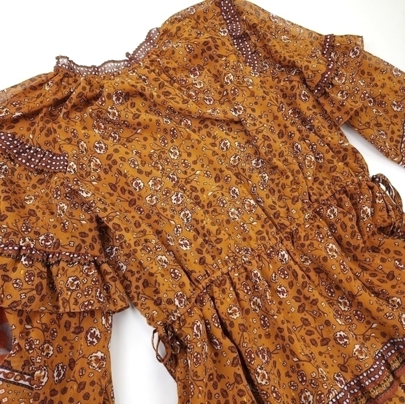 House of Harlow Revolve Brown Floral Boho Sheer Layered Ruffled Peasant … - Picture 10 of 16